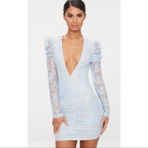 Dusty Blue Lace Puff Sleeve Ruched Detail Plunge Bodycon Dress Size 4 US